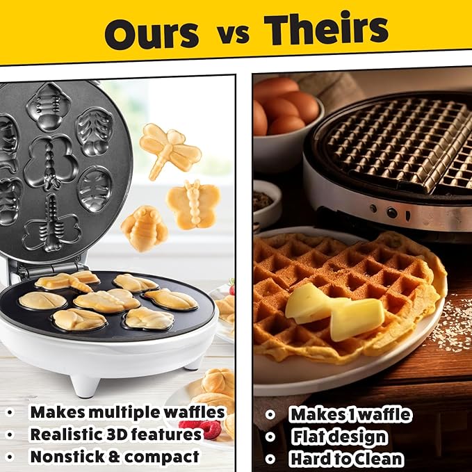 The Original Creepy Crawly Bug Waffle Maker- 7 Fun Different Insect Shaped Pancakes- Includes a Butterfly Lady Bug Bee & More- Electric Nonstick Waffler Iron, Morning Breakfast Treat or Kids Xmas Gift