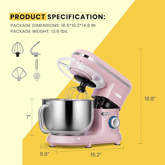 VIVOHOME Stand Mixer, 660W 10 Speed 6 Quart Tilt-Head Kitchen Electric Food Mixer with Beater, Dough Hook, Wire Whip and Egg Separator, Pink