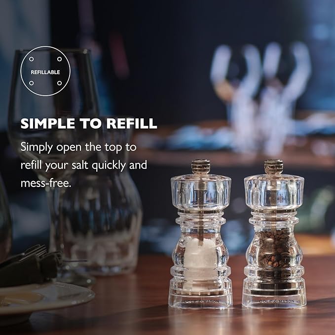 Cole & Mason London Refillable Spice Mill - Kitchen & Home Accessory - Salt and Pepper Grinder Set with Ceramic and Carbon Steel Mechanism - 5", Acrylic