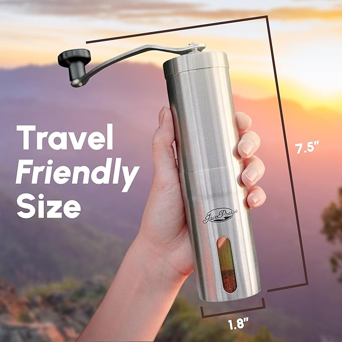 JavaPresse Manual Stainless Steel Coffee Grinder - 18 Adjustable Settings, Portable Conical Burr Grinder for Camping, Travel, Espresso - With Hand Crank