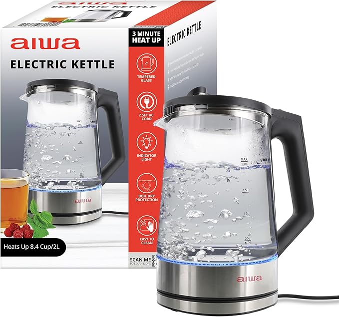 Aiwa 2 Liter Electric Water Kettle, 8.4 Cups Fast Hot Water Boiler, Glass Tea Kettle, with Blue LED Interior, Cordless Serving, Auto-Shutoff & Boil-Dry Protection, Black