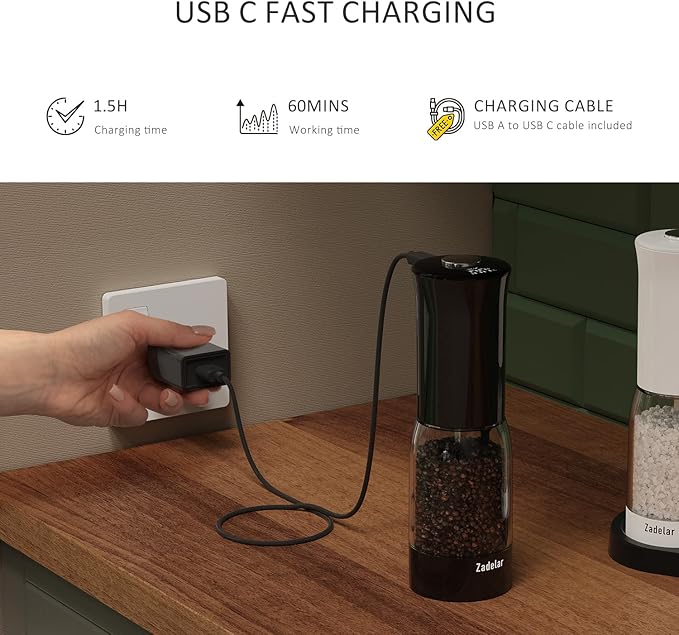 Salt and Pepper Grinder Set with LED Power Display Larger Capacity Salt and Pepper Shakers Set Rechargeable Electric with Flexible Coarsenes LED Light One Hand Operation for Kitchen(White+Black)