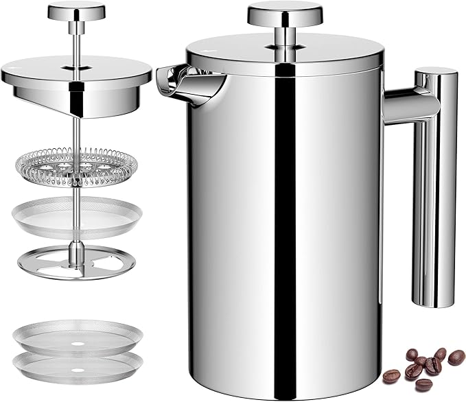 Miuly 21OZ French Press Coffee Maker 600ML Stainless Steel Coffee Press with 3 Level Filtration System, Double Wall Insulated French Press with 2 Filters