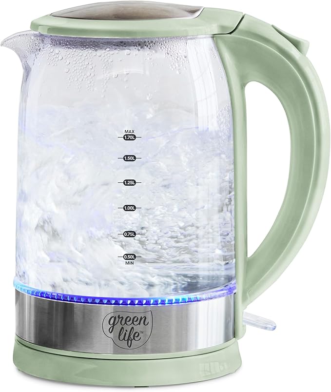 GreenLife 1.7 Liter Glass Electric Kettle, Easy One Touch Use, Quick Heating, Filtered Spout, LED Base, Auto Shut-Off, Cordless Serving, Coffee and Tea, Sage Green