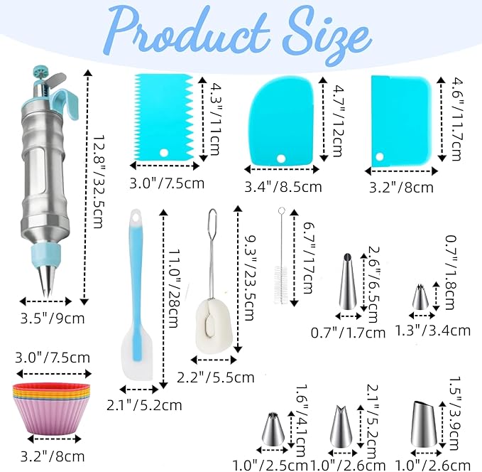 Dessert Decorating Syringe Set, Cake Frosting Piping Kit Stainless Steels Cupcake Icing Piping Kit with 6 Nozzles, 4 Scraper, 6 Silicone Cake Liners, 2 Cleaning Brush for DIY Cake Decoration, Blue