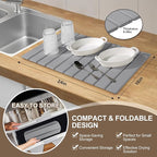 Large Stone Dish Drying Mat for Kitchen Counter – Foldable, Quick Dry, Ultra Absorbent Diatomaceous Earth Mat for Dishes, Bottles, Cups, Countertops & Bathroom, 24"×16" (Gray)