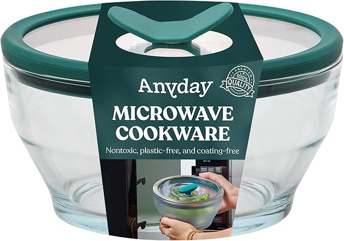 Anyday 8-Cup Glass Food Storage with Glass Lid, Round Deep Dish | Plastic-Free Meal Prep & Microwave Cookware | Stackable Airtight Storage Container with Vented Lid for Microwave-Safe Reheating