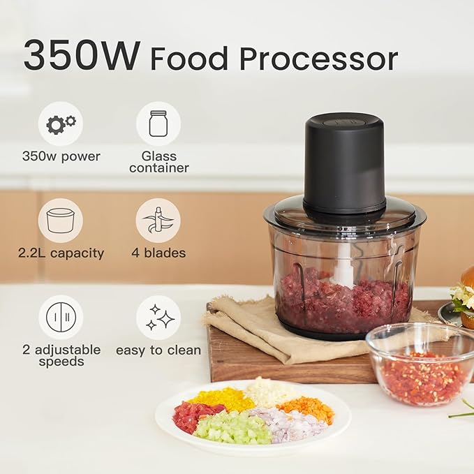 Meat Grinder Electric, 2.2L Stainless Steel Food Processor and Chopper with 4 Sharp Blades, 350W, 2 Speed Modes, for Meat, Baby Food, Vegetables, Fruits, Nuts,8 Cups, Black