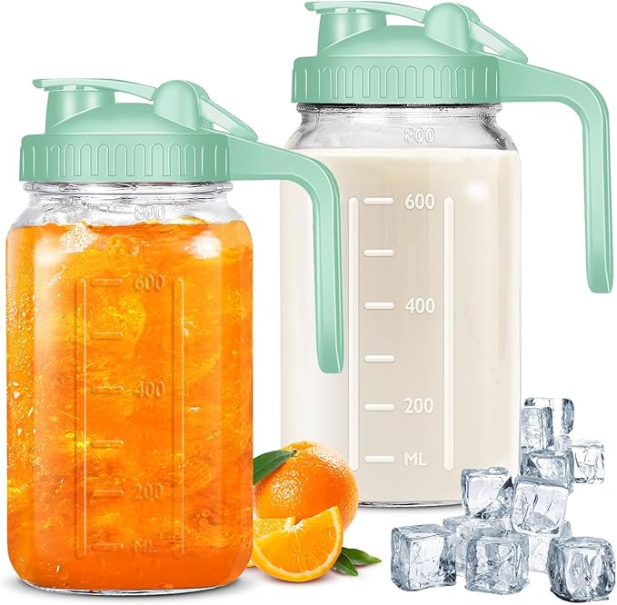 Mason Jar Pitcher, 32 OZ Breast Milk Pitcher Double Leak Proof with Pour Spout Handle, Wide Mouth Iced Tea Pitcher for Fridge, Creamer Container for Coffee, Sun Tea juice (Green,2 Pack)