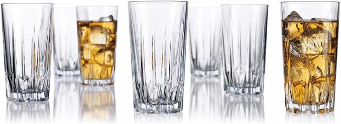 Glaver's Highball Glass Cups. Set of 10 Elegant Diamond Cut Drinking Glasses. Classic 15 oz Bar Glasses. Tall Kitchen Glass for Water, Old Fashioned, Juice, Beer, Cocktails.