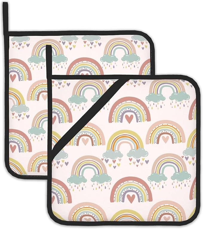 2 Pack Boho Rainbow Cloud Pot Holders for Kitchen Heat Resistant, Potholders for Kitchens Washable for Cooking & Baking & Microwave