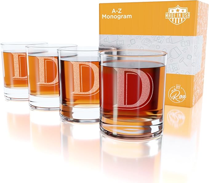 Monogrammed Gifts for Men - 4PC 11 Oz Custom Whiskey Glasses (D-Monogram) - Engraved and Personalized Bourbon Glasses - Unique Glass Gifts for Dad