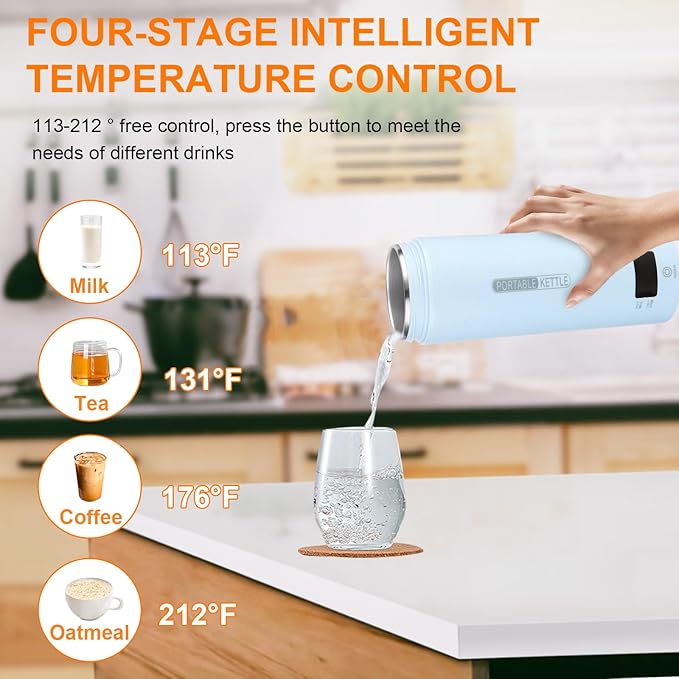 Travel Kettle,Portable Electric Kettle with Temperature Control, Brews Two Cups of Coffee, 316 Stainless Steel Inner Tank, Elegant Blue