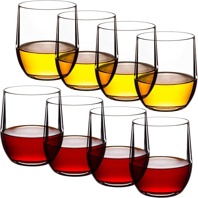 14-ounce Plastic Stemless Wine Glasses, All Purpose Arcylic Glasses, set of 8 Clear Reusable Shatter-resistant Dishwasher Safe
