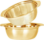 304 Stainless Steel Microporous Colander with Handle, Rice Washers Microporous Strainer Set For washing vegetables, fruits and rice, and draining cooked pasta(3.5QT with handle-Gold)