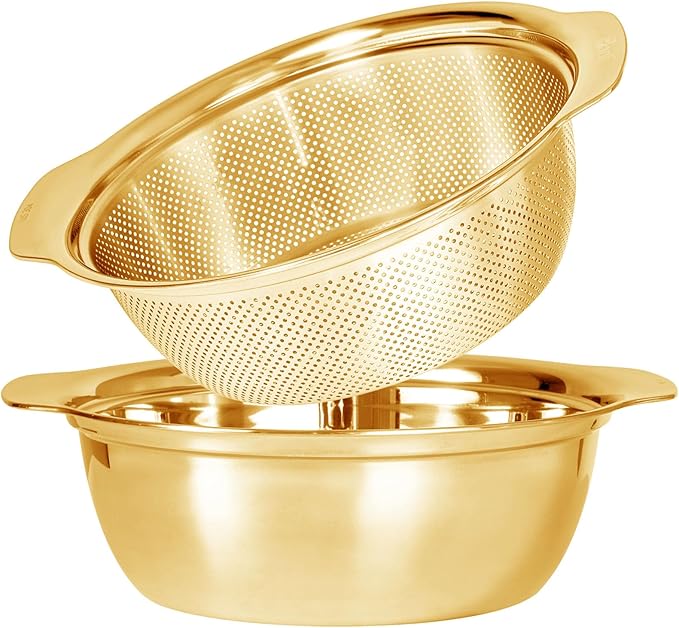 304 Stainless Steel Microporous Colander with Handle, Rice Washers Microporous Strainer Set For washing vegetables, fruits and rice, and draining cooked pasta(3.5QT with handle-Gold)