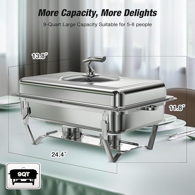 Chafing Dishes for Buffet with Glass Lid (9QT, 2Pack) - Food-Grade Stainless Steel, Rolled Rim Design, Foldable Frame, Lid Holder, Buffet Servers and Warmers Parties, Catering, Weddings
