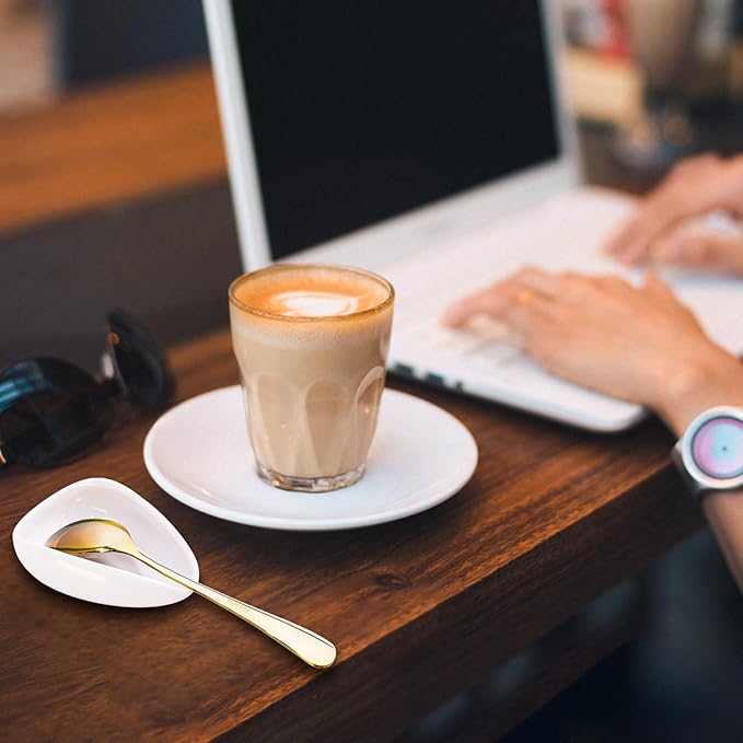 Coffee Spoon Rest Set with Ceramic Rest & Gold Ellipse Stainless Steel Spoon