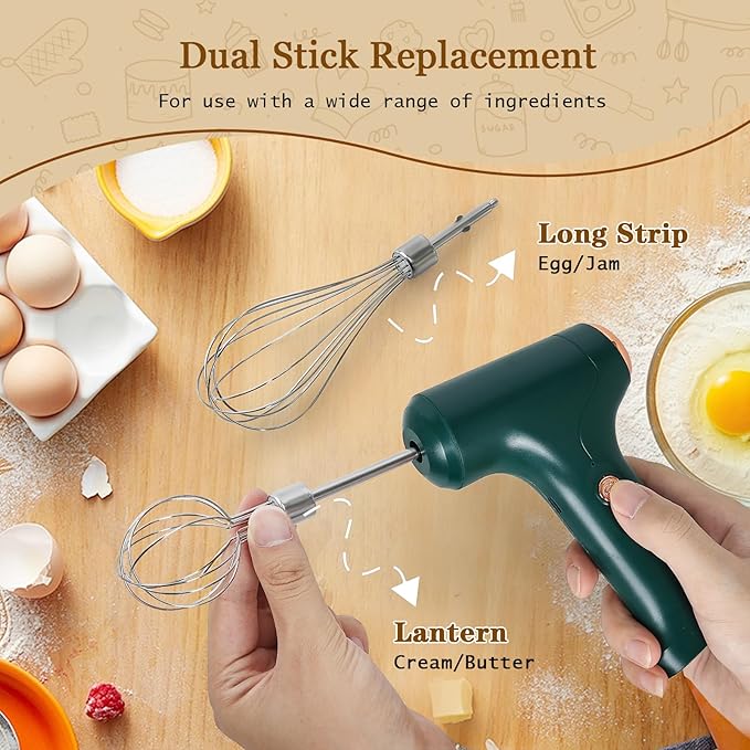 Cordless Hand Mixer, Handheld Electric Whisk with 3 Speed Modes, Hand Held Egg Beater with 2 Detachable Stir Whisks (Green)