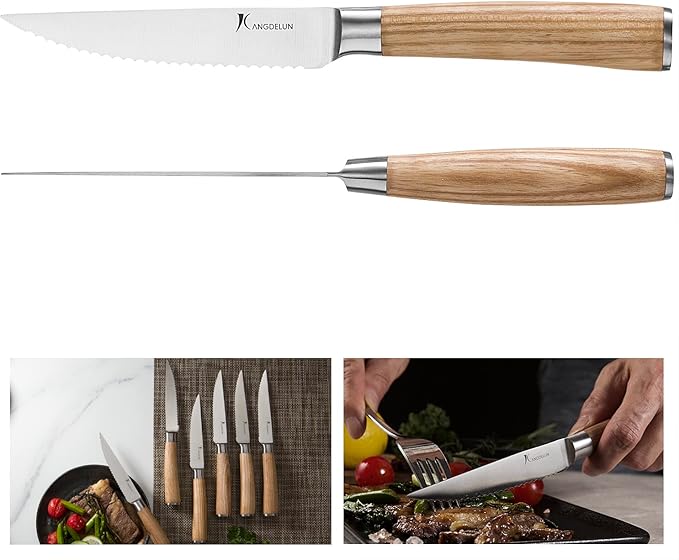 Natura Series 4.5” Serrated Steak Knife Set of 8, High Carbon Stainless Steel, Wooden Handle