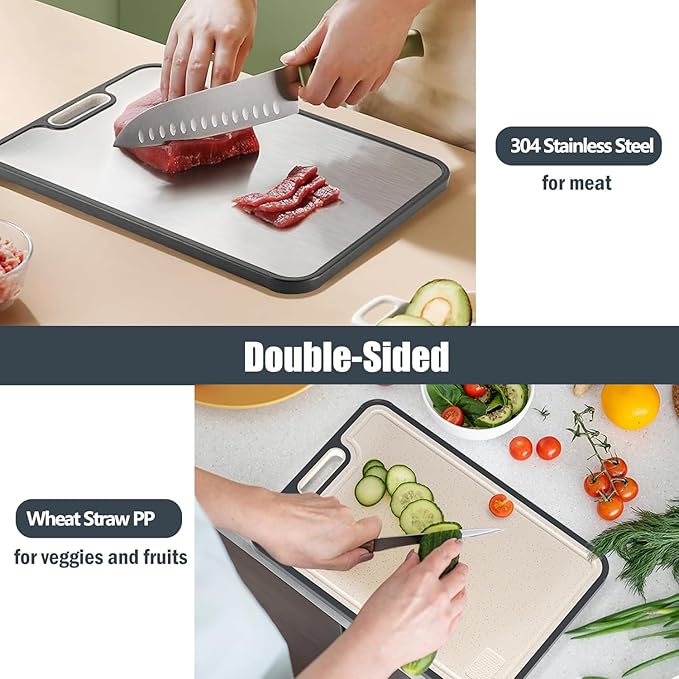 Stainless Steel Cutting Boards for Kitchen,Cutting Board Double sided,Stainless and Wheat Straw Food-Grade Kitchen Chopping Board,Anti Slip Easy to Clean,Healthy Kitchen Gadgets (16x11 In)
