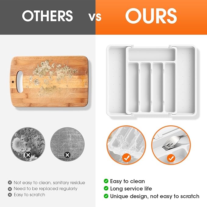 Silverware Organizer，Adjustable & Expandable Utensil Drawer Organizer, BPA Free Utensil Holder, Cutlery Tray for Forks, Spoons, Knives in Kitchen, Medium, White