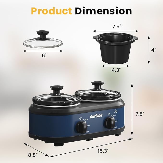 Double Slow Cooker,2 Removable Pots Small Mini Crock Buffet Server and Warmer with Adjustable Temp, Visible Glass Lids, Dishwasher Safe, 2 x 1.25 Quart, Blue