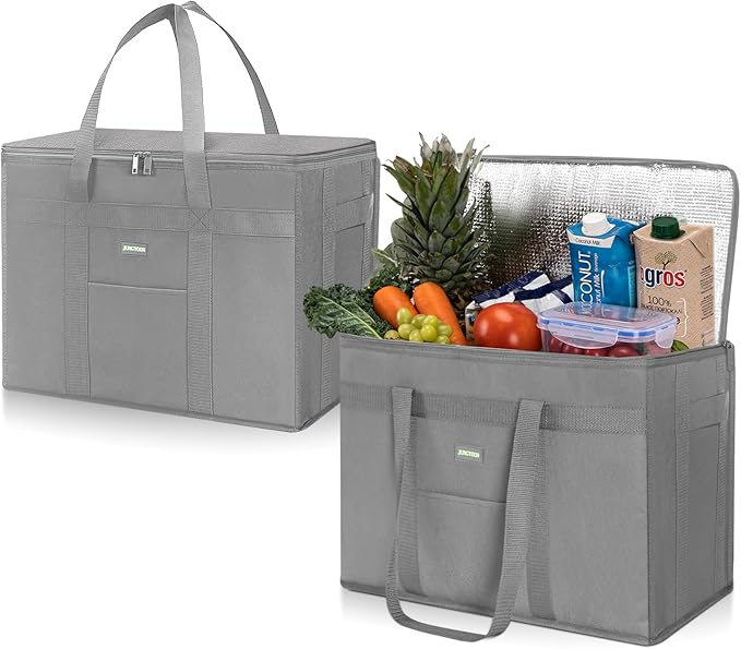 JUNGYOON 2-Pack Heavy-Duty Insulated Grocery Bags & Food Delivery Bag – Collapsible Cooler Bag with Zippered Top | Reusable Shopping Bags for Groceries, Picnics, Easy Storage(XL Grey)
