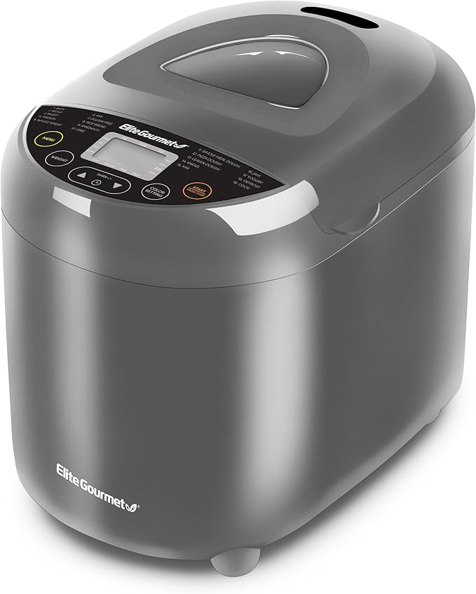 Elite Gourmet EBM8103CG Programmable Bread Maker CERALAST™ Ceramic Bread Pan & Kneading Blade 19 Menu Functions Gluten-Free, White, Wheat, Rye, French & more, 2lbs, Grey
