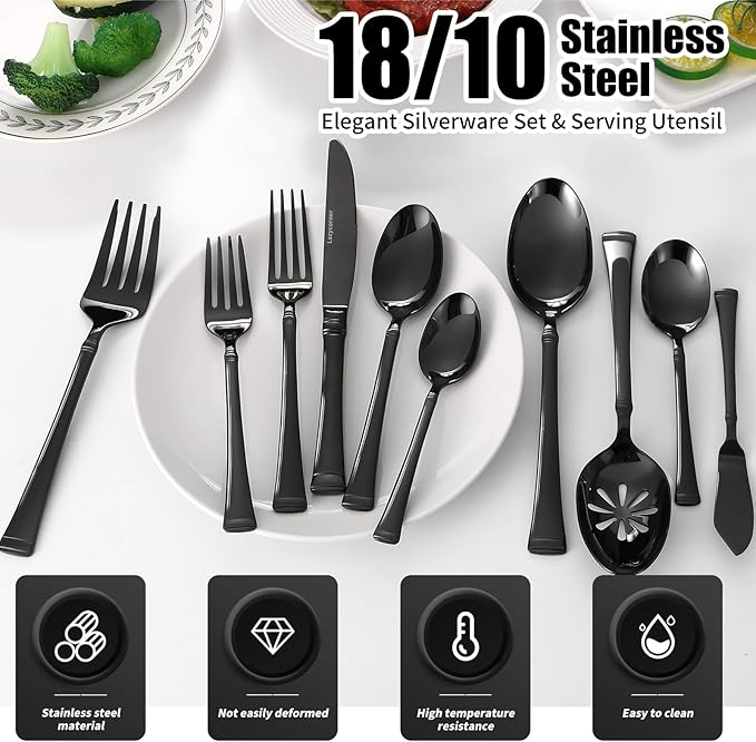 Black Silverware Set, Service for 12, 18/10 Heavy Stainless Steel Flatware with Serving Utensils, Mirror Polished Cutlery Set, Dishwasher Safe