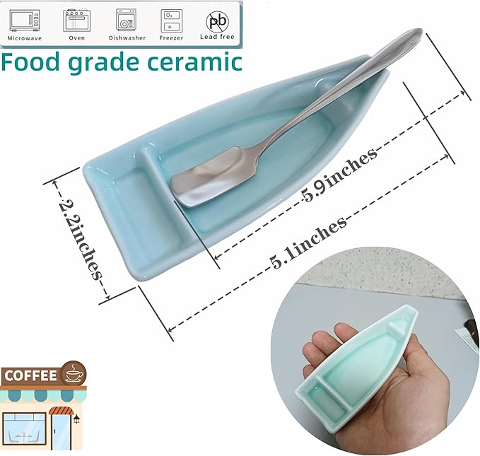 Coffee Stirring Spoon and Rest for Coffee Bar Accessories, Small Spoon Rest for Coffee Station, Coffee Spoon Holder for Coffee Bar Tea Spoon Teaspoon Rest, 1 PC (Oar Spoon with Turquoise Boat Rest)
