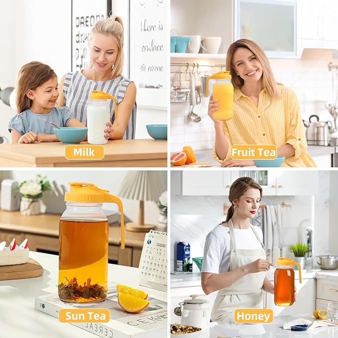 2 Pack Glass Mason Jar Pitcher - 64 oz/2 Quart Wide Mouth Jug with Lid and Pour Spout, Airtight Seal, Leak Proof Iced Tea Pitcher for Sun Tea, Juice, Breast Milk, Cold Beverages, Coffe