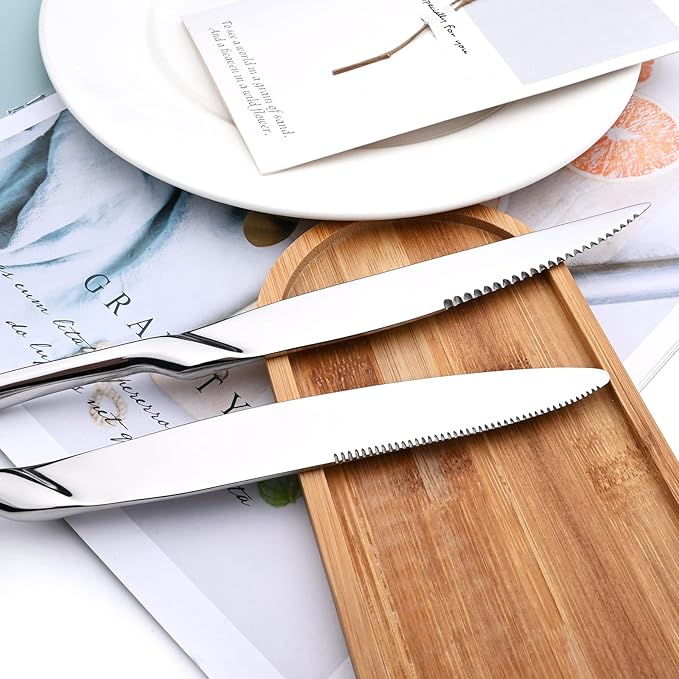 24-Piece Silver Flatware, Mirror 18/10 Stainless Steel Modern & Luxury Dinnerware Set With Serrated Steak Knife Teaspoon For Daily Use or Dinner Party Restaurant - Service For 4