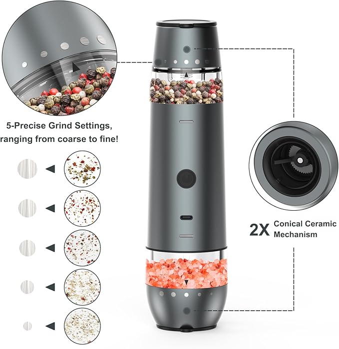 Electric Salt and Pepper Grinder Set 2 In 1 Duel Heads Grinding, Type-C Rechargeable, One-Hand Operation & Gravity, Automatic Salt and Pepper Grinder Set, Adjustable Coarseness (Gunmetal Grey)