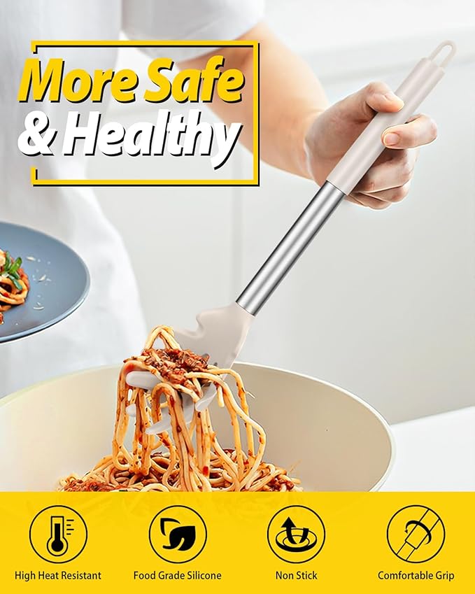 Silicone Pasta Fork and Cooking Spoon Set, Non Stick Kitchen Utensils for Cooking,Stirring,Serving Spaghetti, Soup, Sauce (KHAKI)