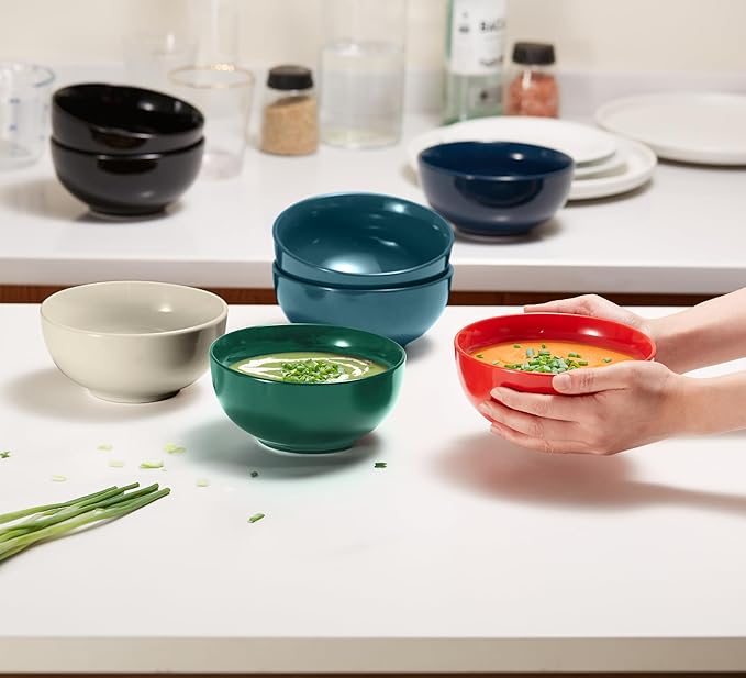 KooK Soup Bowls, Cereal Bowl, Ceramic, Bowls for Kitchen, Microwave, Dishwasher and Freezer Safe, Porcelain Dishes for Pasta, Salad, Oatmeal, Deep Interior, 20 oz, Set of 6, (Powder Grey)