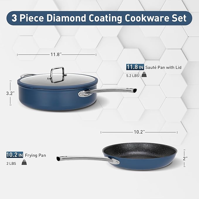 DishDelight Pots and Pans Set Nonstick, Nonstick Frying Pan, 10 Inch Fry Pan, 12 Qt Ceramic Saute Pan with Glass Lid, Induction Cookware Set, Added Plasma Diamond, Blue