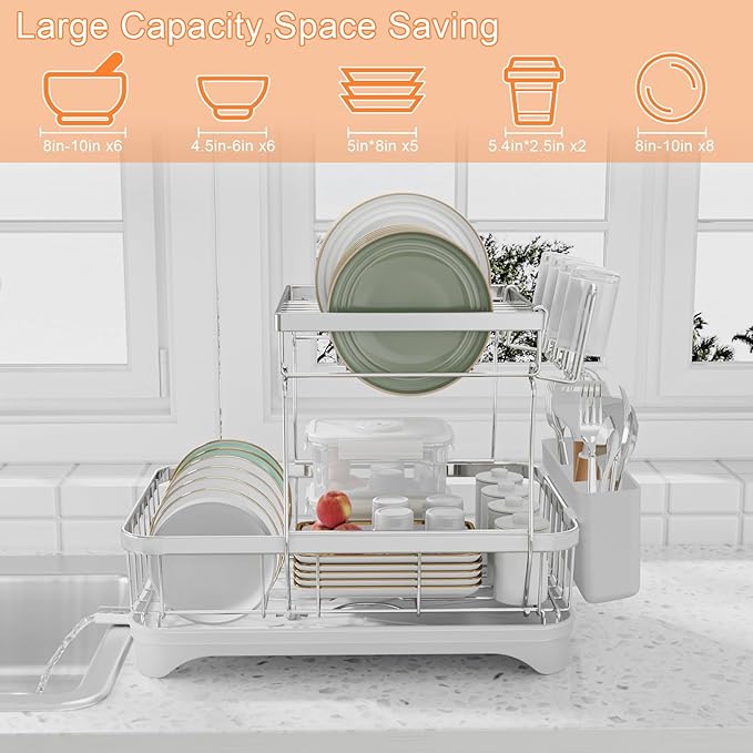 Dish Drying Rack - 304 Stainless Steel Dish Rack for Kitchen Counter, Adjustable Spout Auto-Draining Dish Rack, 2-Tier Kitchen Organizers and Storage Rack with Drainboard and Cutlery Holder White