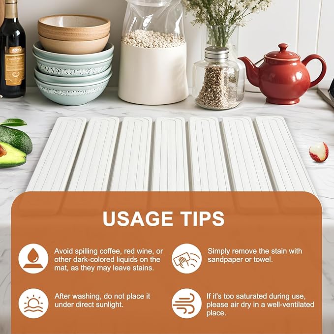 Stone Dish Drying Mat for Kitchen Counter,16"x12",Roll Up Self Drying Dish Mat with Water-Guiding Grooves, Natural Diatomite Quick Dry Stone Mat for Dishes & Utensils