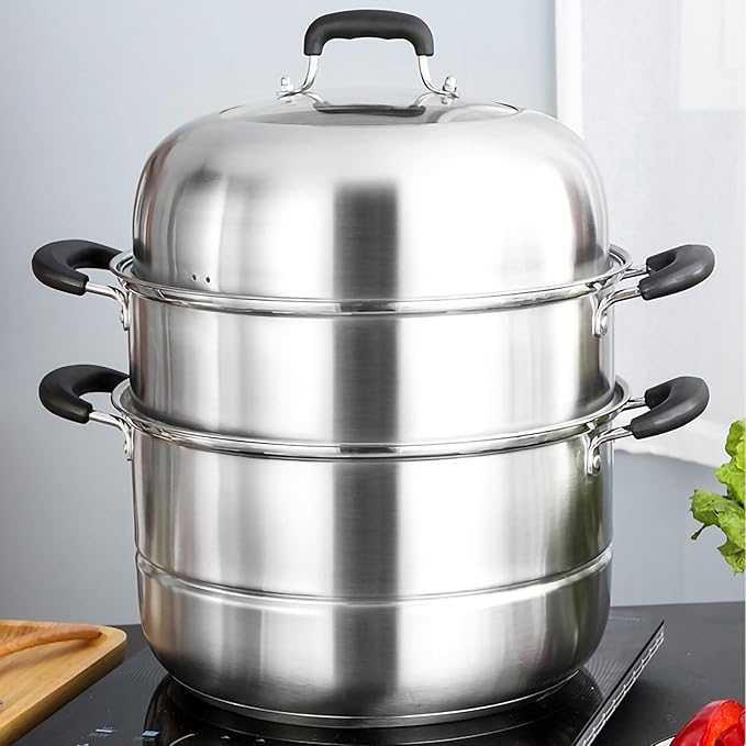 MANO Steamer Pot for Cooking 11 inch Steam Pots with Lid 2-tier Multipurpose Stainless Steel Steaming Pot Cookware with Handle for Vegetable, Dumpling, Stock, Sauce, Food