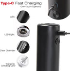 Electric Salt and Pepper Grinder Set – Rechargeable Automatic Mills with 6-Level Adjustable Coarseness, White LED Light, Large 110ml Capacity and Storage Base