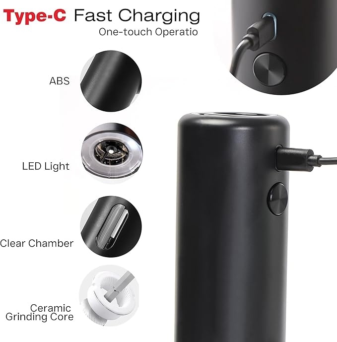 Electric Salt and Pepper Grinder Set – Rechargeable Automatic Mills with 6-Level Adjustable Coarseness, White LED Light, Large 110ml Capacity and Storage Base