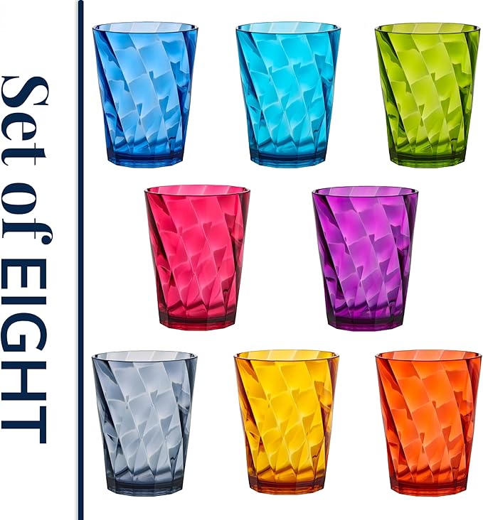 US Acrylic Optix Plastic Reusable Drinking Glasses (Set of 8) 14oz Rocks Cups in Jewel Tone Colors | BPA-Free Tumblers, Made in USA | Top-Rack Dishwasher Safe