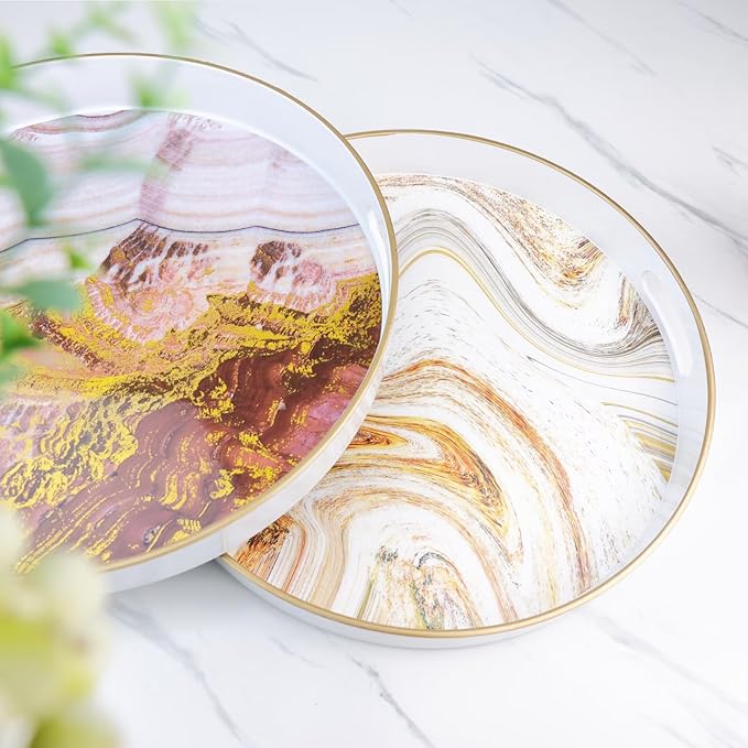 Round Green Marbling Decorative Tray with Handles, 13" Morden Plastic Serving Tray for Coffee Table Bathroom, Ottoman, Home Decor