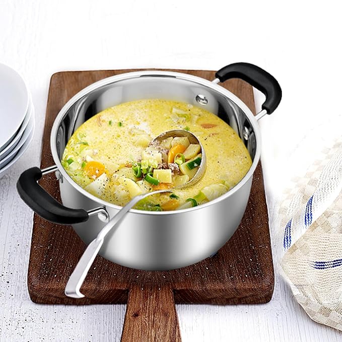 TeamFar 3 Quart Stock Pot, Stainless Steel Stock Pasta Soup Pot with Lid, Tempered Glass Lid & Double Heat-Proof Handles, Non-Toxic & Healthy, Heavy Duty & Dishwasher Safe