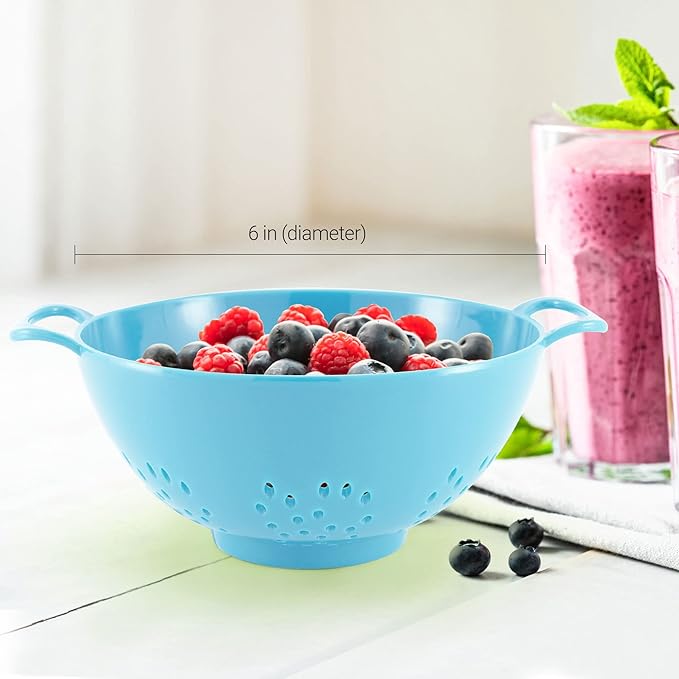 Meadow Lane 6-inch Small Colander, BPA-Free, Dishwasher Safe, Double Handles, Compact Food Strainer for Berries, Veggies and Pasta, 3-Cup Capacity, Light Blue