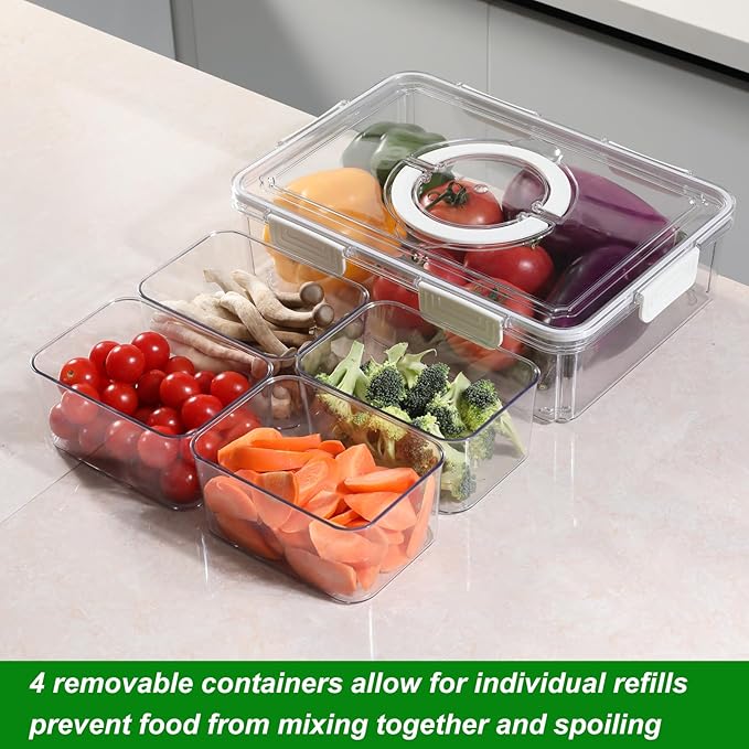 Taiuloo Divided Serving Tray with Lid & Handle, Airtight 4 Compartment Snackle Box Charcuterie Container, Fridge Organizer Bins, Food Storage Container Veggie Tray for Snack, Fruit, Candy, Nuts