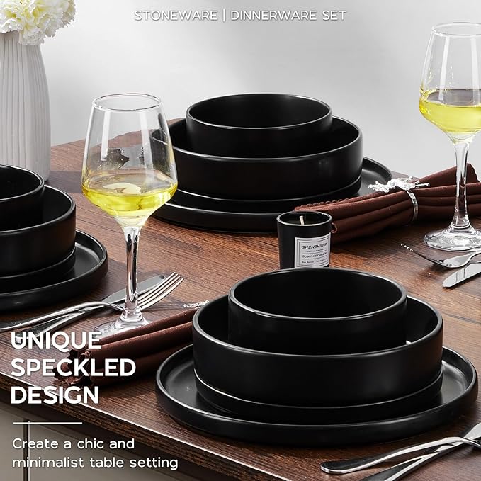 Stoneware Dinnerware Set for 2 with Pasta Bowl, Onader 8 Piece Plates and Bowls Dish Dinner Set, Microwave & Dishwasher Safe - Ebony Black