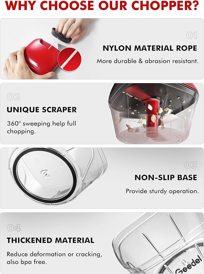 Geedel Mini Food Chopper Vegetable Cutter, Pull Chopper with String Onion Cutter, Vegetable Cutter for Veggies, Fruits, Salad, Onion, Ginger, Nuts, Herbs, etc, 0.8 Cup(200ml), Red