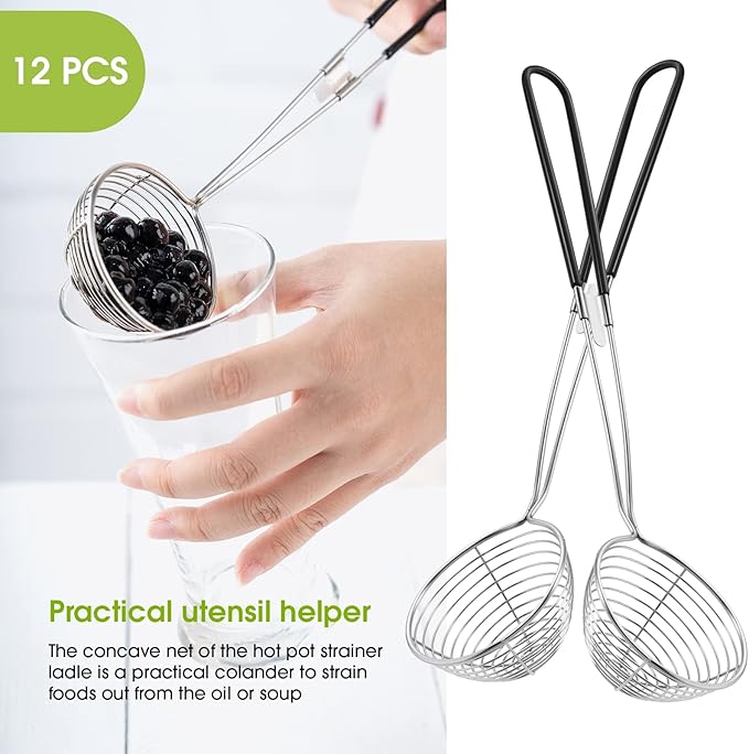 Geiserailie 12 Pieces 6 Pieces Hot Pot Kit Strainer Scoops Stainless Steel 2.5 Inch Mini Spider Strainer Skimmer Pasta Mesh Spoon Asian Skimmer Spoon Ladle with Handle for Home (Black)